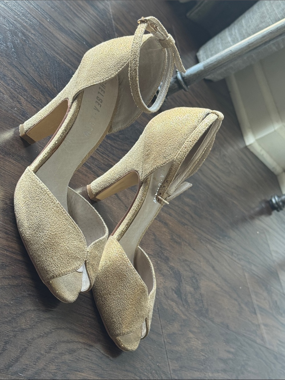 Chelsea Crew Champagne Gold ✨ Peep-Toe Ankle Strap Heels
